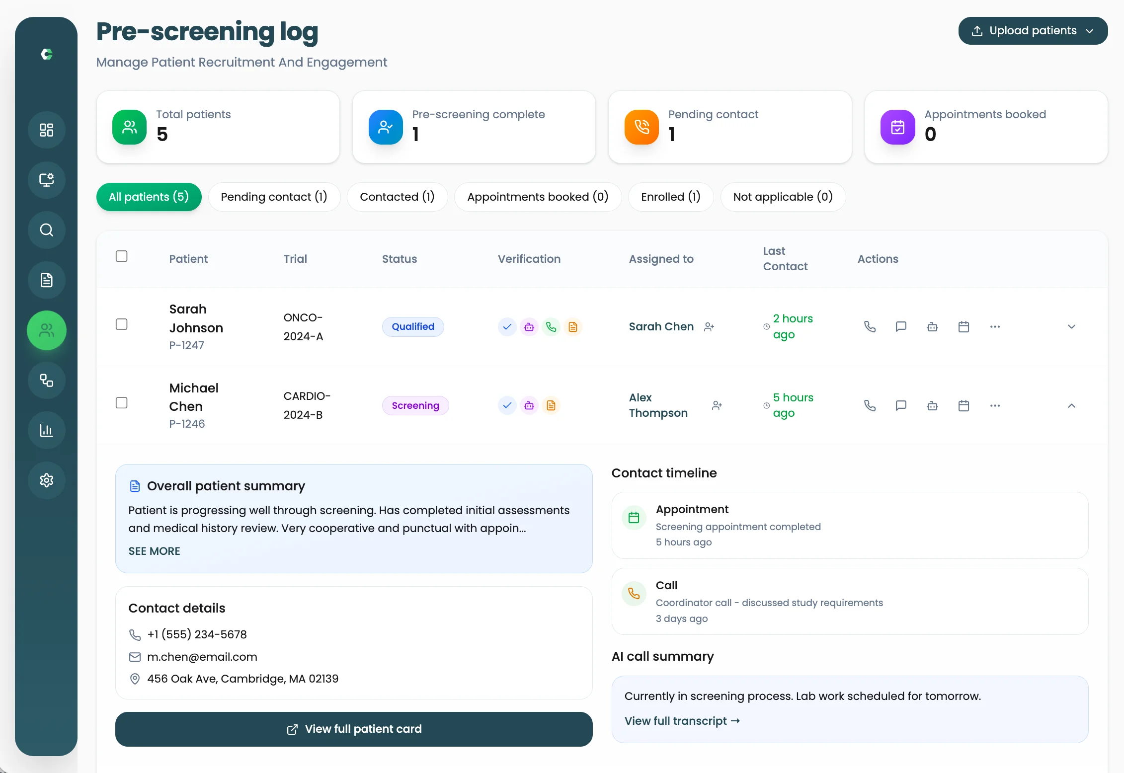 Clinrol Connect pre-screening log for managing patient recruitment with verification status and contact timeline